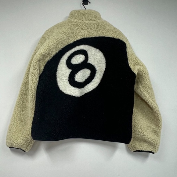New Stussy 8 Ball Cream Sherpa Fleece Reversible Hoodie Jacket Medium - Picture 2 of 5